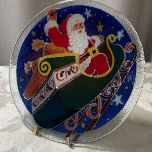 Festive Santa Decorative Plate, signed 
Scandinavian Art Glass?